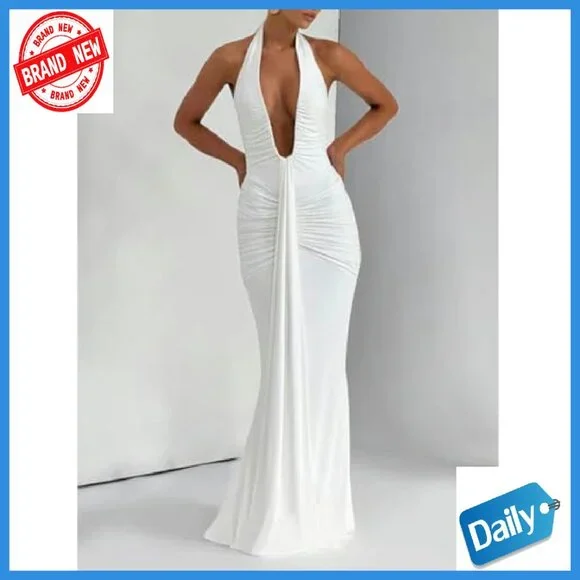 Deep V Neck Ruched Maxi Dress Formal Halter Gown Cocktail Evening - Picture 6 of 8